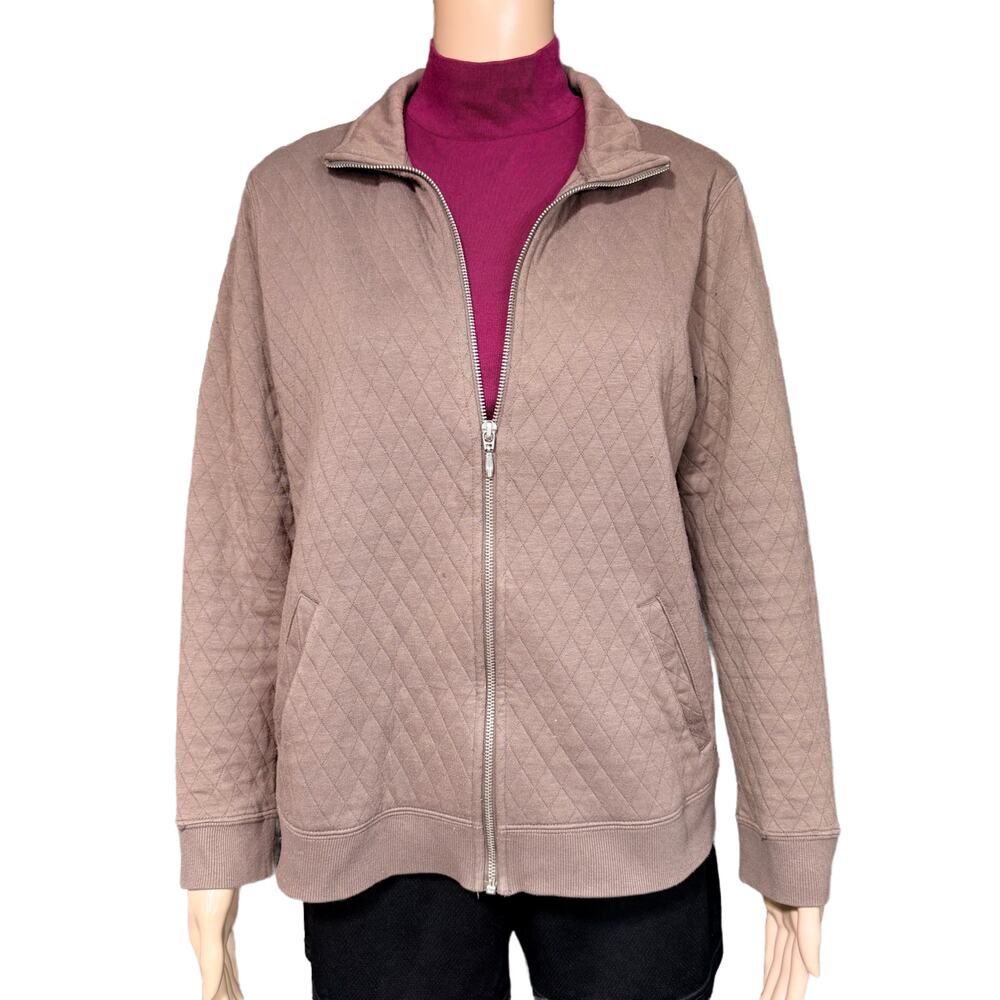Croft & Barrow Womens Quilted Shacket Sweatshirt Full Zip Pockets Brown Medium